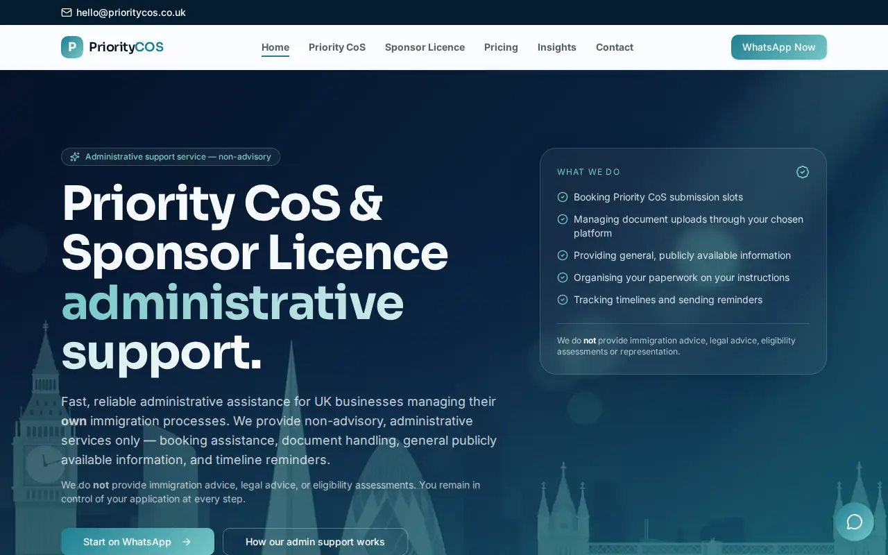 Priority COS website screenshot