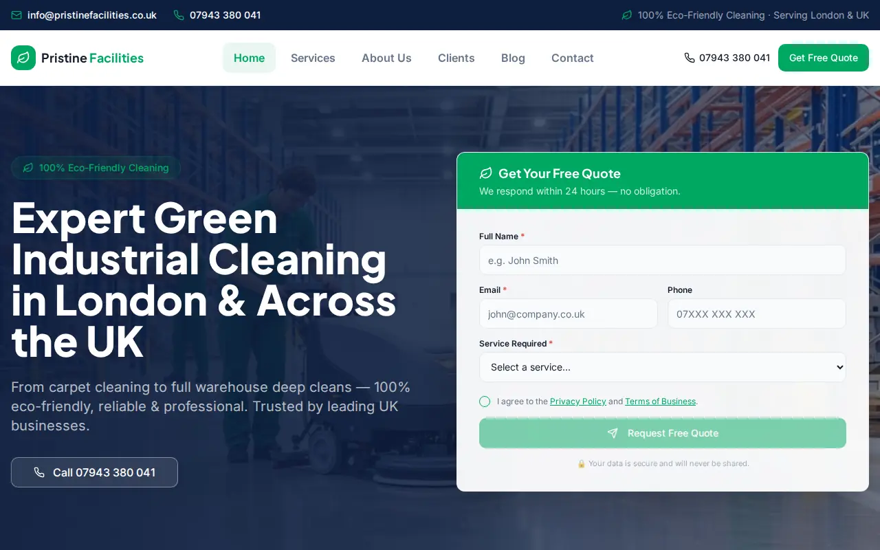 Pristine Facilities website screenshot